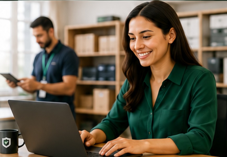 Profissional utilizando notebook em atividade administrativa